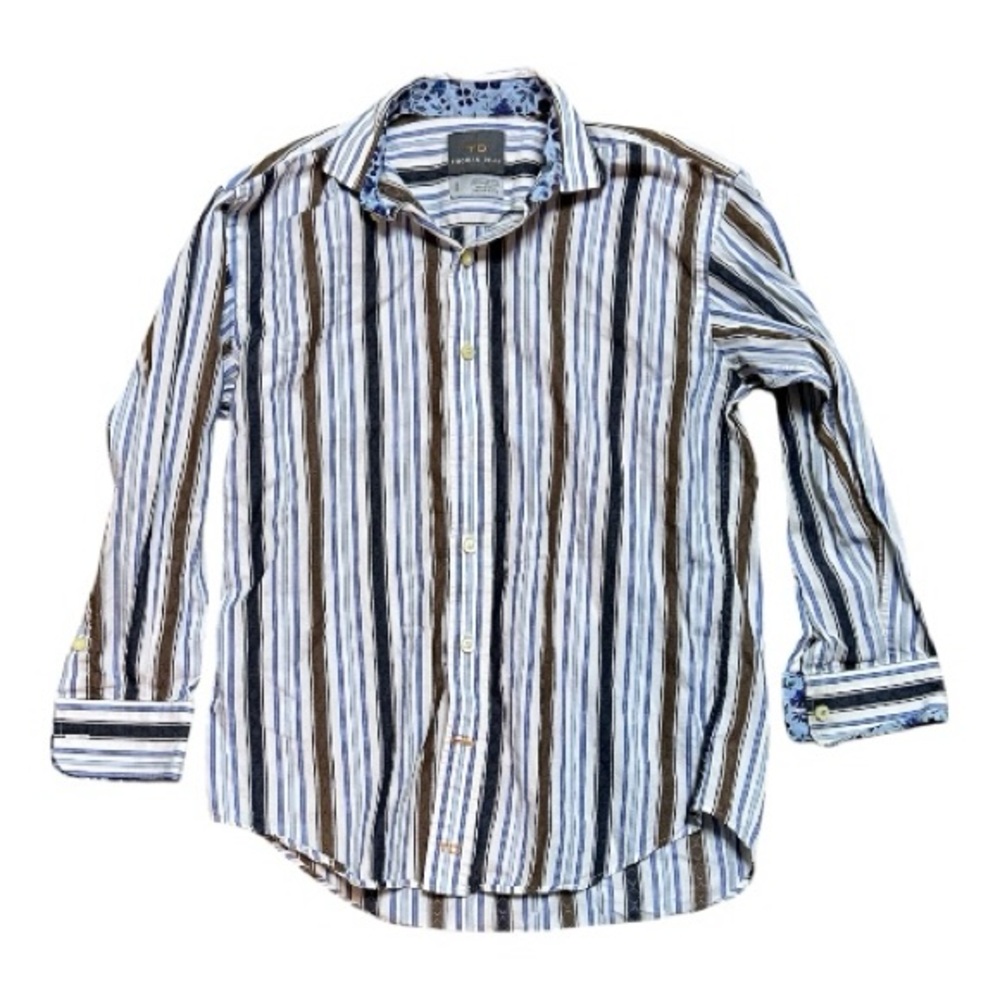 Thomas Dean Boys Blue Brown White Striped Button Down 8